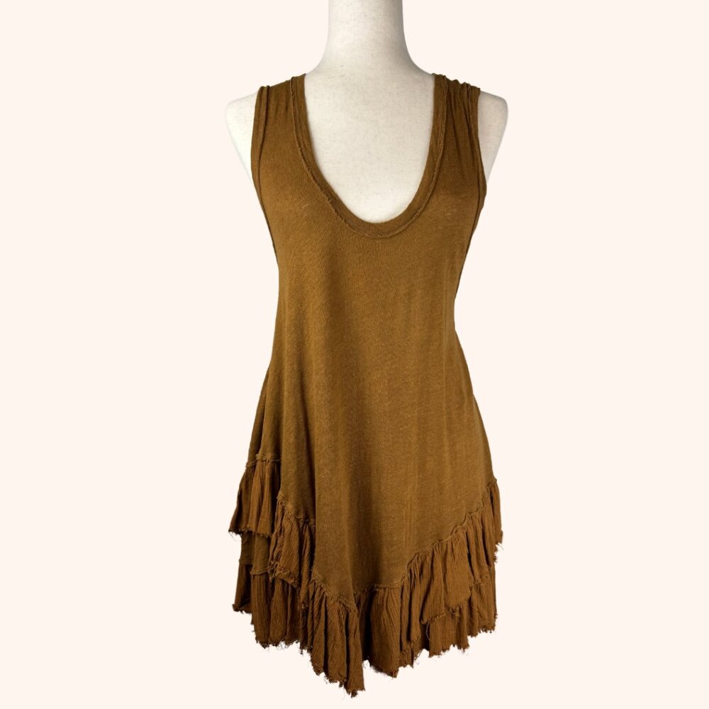 We the Free by Free People Sasha Shimmy Cinnamon Ruffled Tank Raw Frayed Hem